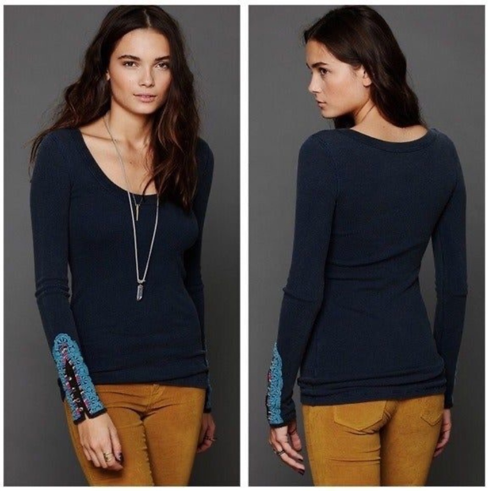 Free People Fiesta Cuff Long Sleeve Thermal Waffle Knit Navy Blue Shirt Sz XS